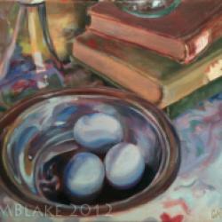 Blue Eggs, Silver Bowl - 16 x 12 in., oils on canvas