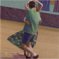 Contradance 2, by Glenda Blake - colored pencil on digital collage, 7.5 x 7.5 in.